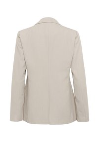 Béžový blazer se strukturovaným designem, s klopovým límcem, dlouhými rukávy a rovnou zadní částí. Hladká textura s přiléhavým střihem.