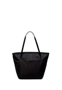 Grand sac fourre-tout noir en tissu durable, présentant un design plat, deux anses solides et un logo minimaliste sur le devant.