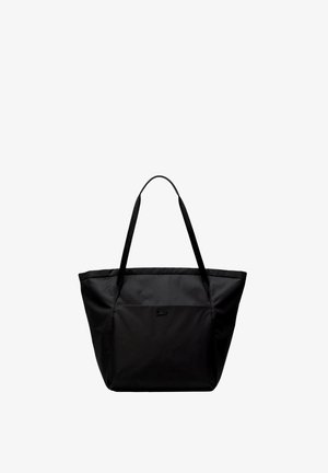 Grand sac fourre-tout noir en tissu durable, présentant un design plat, deux anses solides et un logo minimaliste sur le devant.