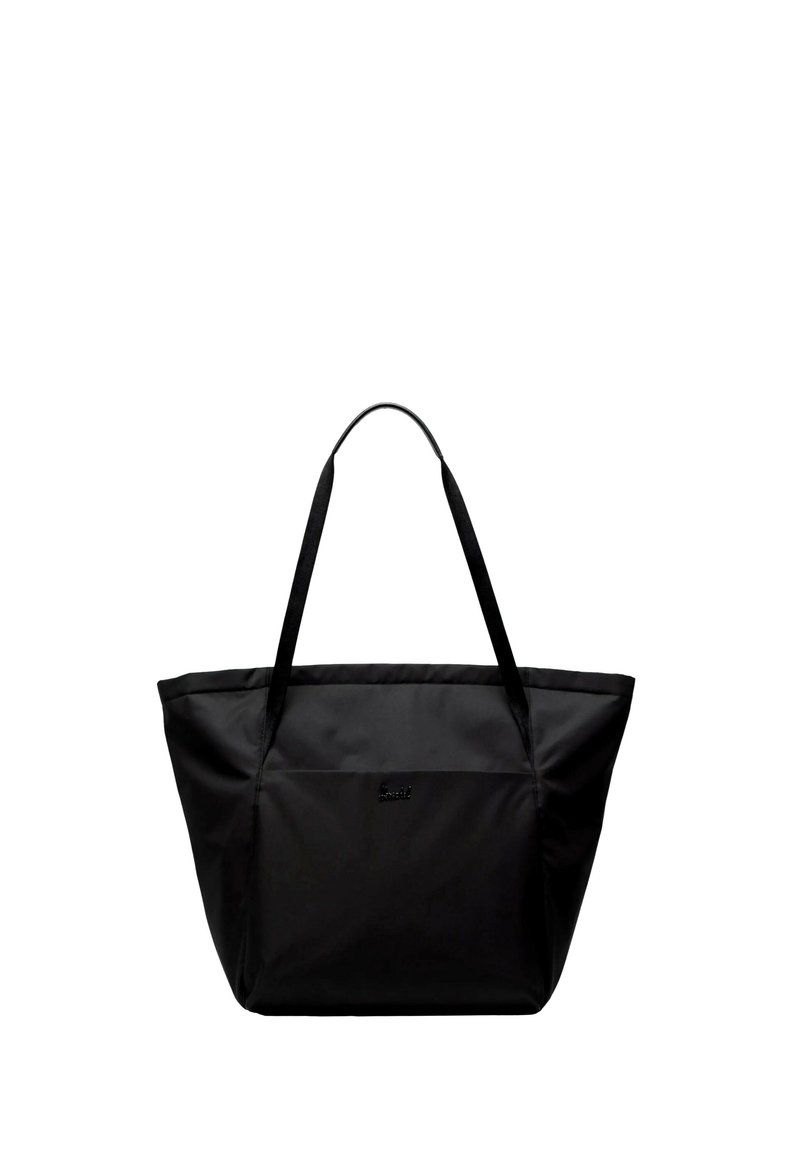 Grand sac fourre-tout noir en tissu durable, présentant un design plat, deux anses solides et un logo minimaliste sur le devant.
