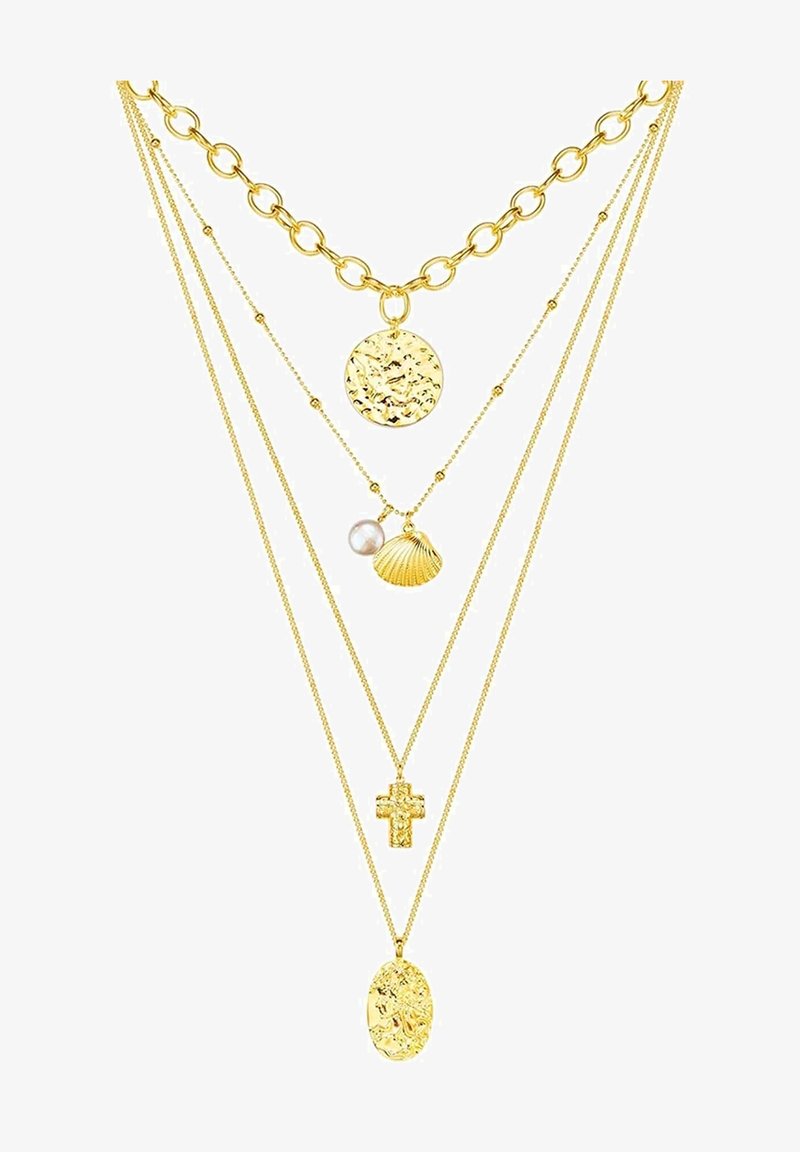 Kuldne mitme tasandi kaelakee, mis sisaldab tekstuuriga ümmargust ripatsit, pärlit, kestakollektsiooni ja ristikut erineva pikkusega õhukestel kettidel.