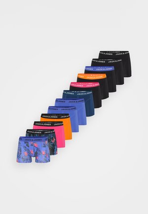 Boxer shorts in various colors, including blue, black, orange, pink, and a floral pattern, with elastic waistband featuring "JACK & JONES" text.