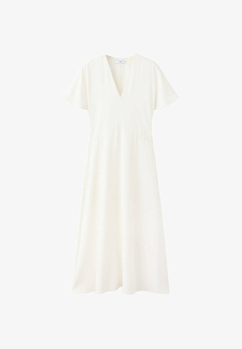 Robe midi blanche à manches courtes et col en V, taille cintrée et jupe fluide, présentée sur un fond uni.