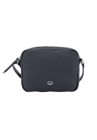 Schwarze rechteckige Tasche aus strukturiertem Stoff, mit Reißverschluss und abnehmbarem Tragegurt. Silbernes Logo auf der Vorderseite.