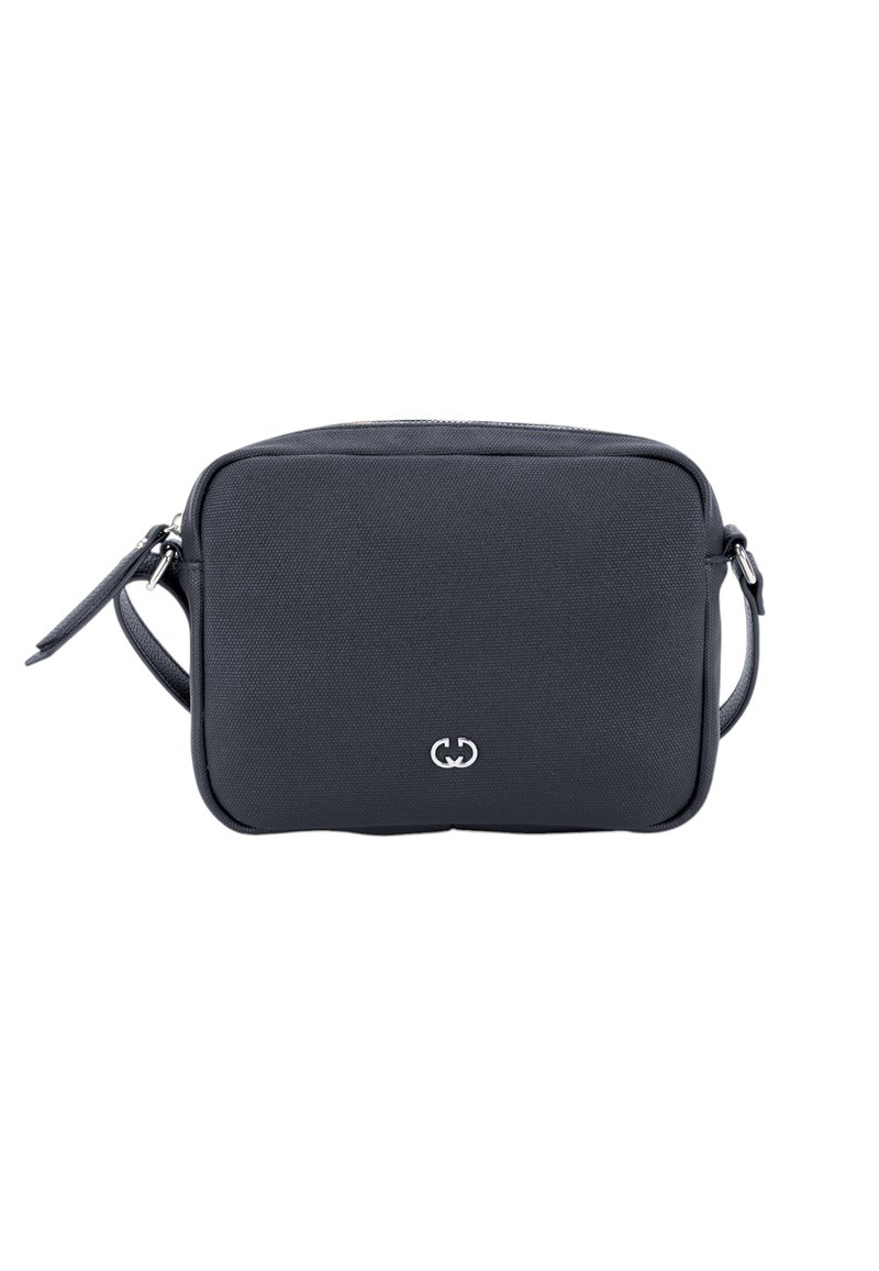 Schwarze rechteckige Tasche aus strukturiertem Stoff, mit Reißverschluss und abnehmbarem Tragegurt. Silbernes Logo auf der Vorderseite.