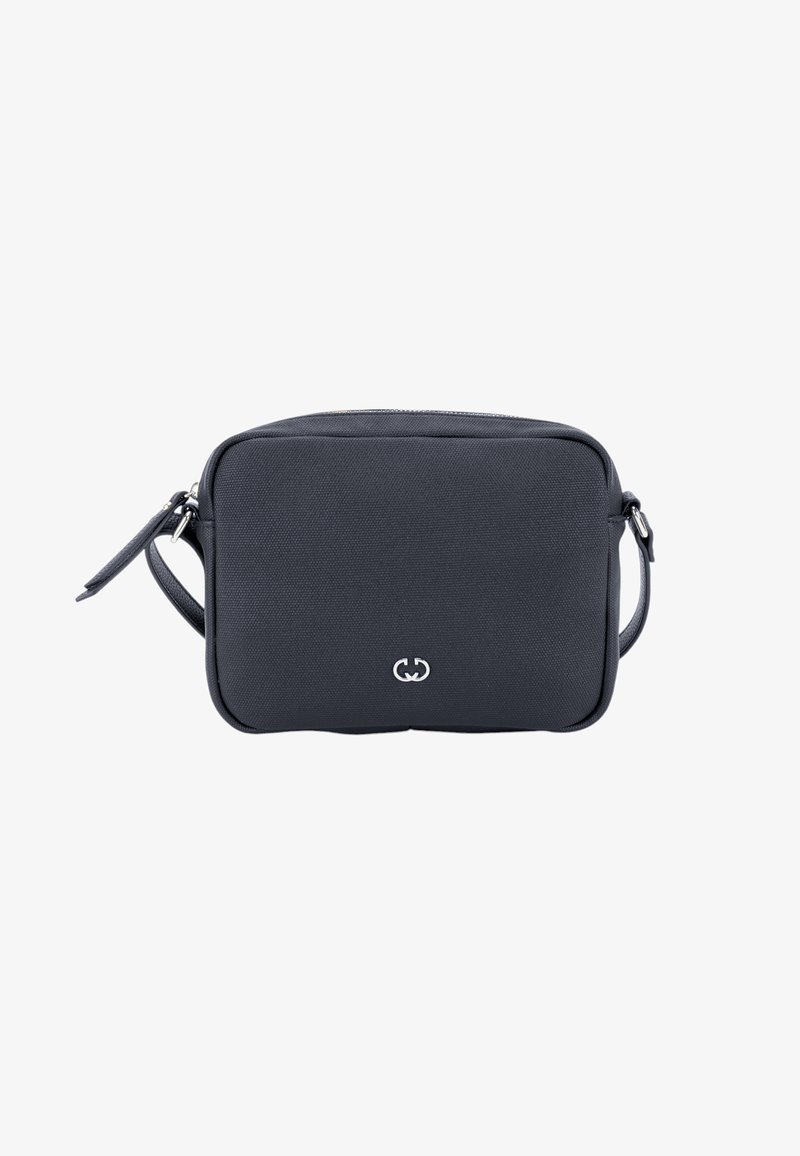 Schwarze rechteckige Tasche aus strukturiertem Stoff, mit Reißverschluss und abnehmbarem Tragegurt. Silbernes Logo auf der Vorderseite.