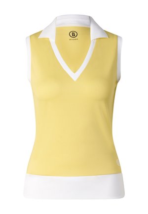 Mouwloos geel topje met witte kraag, V-hals en witte zoom, met een klein logo bij de onderrand.