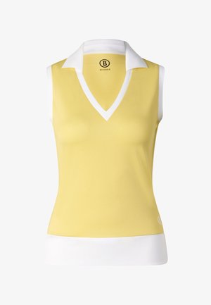 Mouwloos geel topje met witte kraag, V-hals en witte zoom, met een klein logo bij de onderrand.