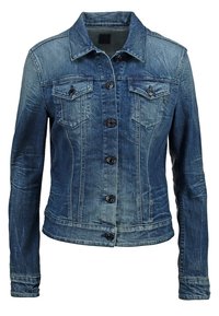 Veste en denim bleu avec fermeture à boutons, deux poches poitrine à boutons, manches longues et taille cintrée.