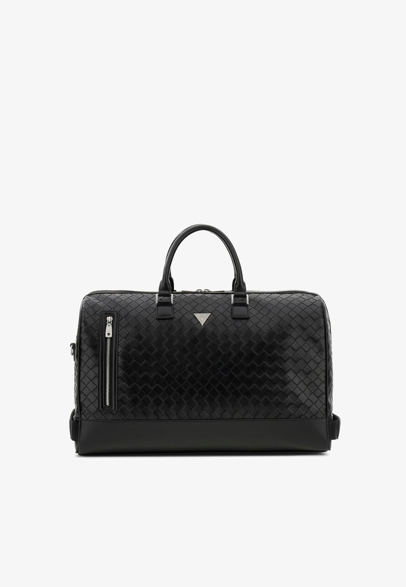 Sac de voyage en cuir tressé noir avec deux poignées, poche zippée verticale à l'avant et une petite plaque triangulaire avec logo au centre.