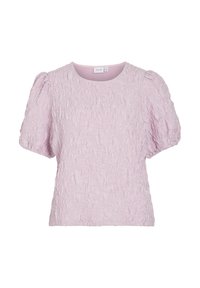 Top rosa con texture, scollatura rotonda e maniche a sbuffo, caratterizzato da un design in tessuto arricciato. Materiale morbido e leggero.