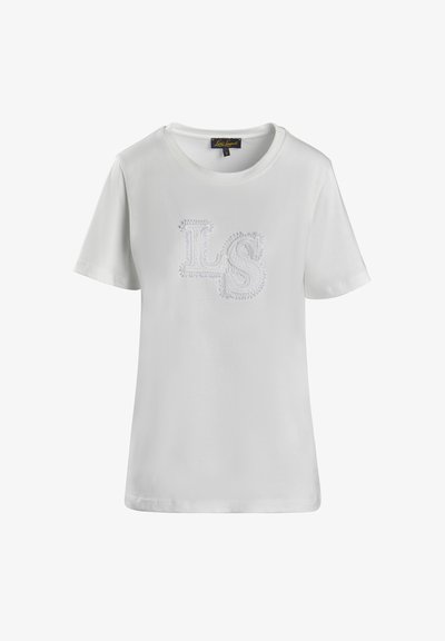 Balta trumpa rankovė T marškiniai, pagaminti iš minkštos medvilnės, su tekstūruotu "LS" siuvinėjimu centre. Apvalus kaklo iškirpimas ir laisvas siluetas.