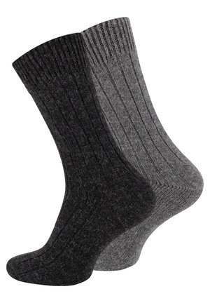 Zwei Paare gerippte Socken, ein dunkelgraues und ein mittelgraues Paar, aus strukturiertem Stoff mit verstärkten Fersen und Zehen für zusätzliche Haltbarkeit.