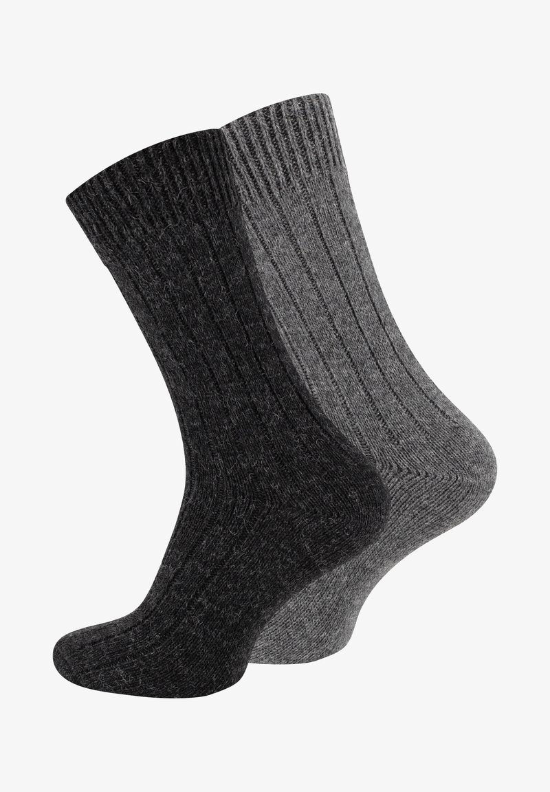 Due paia di calzini a coste, uno grigio scuro e uno grigio medio, realizzati in tessuto testurizzato con talloni e punte rinforzati per una maggiore durata.