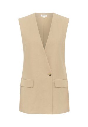 Veste blazer sans manches beige avec un profond col en V, fermeture par un seul bouton en écaille et deux poches à rabat devant.