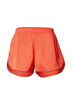 Jasno oranžové športové šortky s elastickým pásom a čiernym lemovaním na okrajoch, s malým logom na dolnej ľavej nohe.