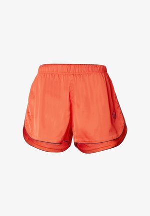 Jasno oranžové športové šortky s elastickým pásom a čiernym lemovaním na okrajoch, s malým logom na dolnej ľavej nohe.