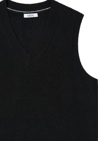 Czarny sweter bez rękawów z dekoltem w serek i prążkowaną fakturą. Wewnątrz metka z napisem "CECIL." Charakteryzuje się prostym i klasycznym krojem.