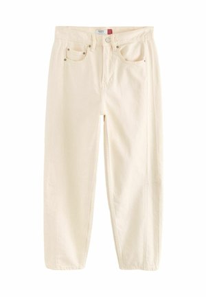 Pantalon droit couleur crème avec bouton et fermeture éclair à l’avant, poches avant et passants de ceinture, présenté sur fond blanc.