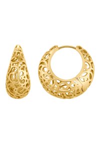 Boucles d'oreilles en or avec des motifs ajourés complexes. L'ensemble comprend une forme en goutte et une créole. Fini lisse et poli.