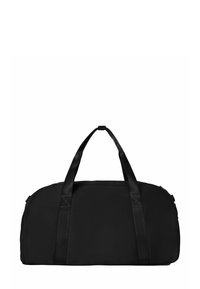 Black duffel bag made of durable fabric, featuring two sturdy handles and a curved top design for easy access and carrying.