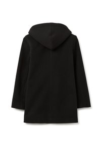 Zwarte jas met een losse pasvorm en capuchon, met een gladde textuur en een rechte achternaad. Eenvoudig ontwerp zonder zichtbare sluitingen of accenten.