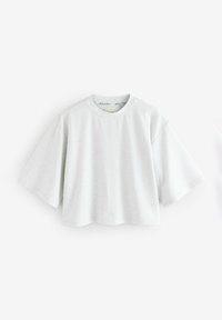 Svijetlo sivi kratki crop top s teksturiranim, rebrastim materijalom. Ima okrugli izrez i opušten kroj. Jednostavan dizajn bez vidljivih uzoraka.