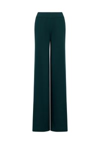 Wijdvallende broek in diep teal, gemaakt van een soepele stof. Kenmerkt zich door een platte tailleband en een volledige lengte, wat zorgt voor een vloeiende silhouette.