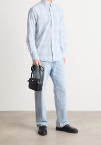 Camicia a quadri azzurri chiari con bottoni, jeans azzurri chiari, borsa a tracolla nera e scarpe nere con dettagli in hardware dorato.