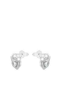 Örhängen i sterling silver med två sammanlänkade hjärtan, ett med små kristaller och det andra med en större central kristall.