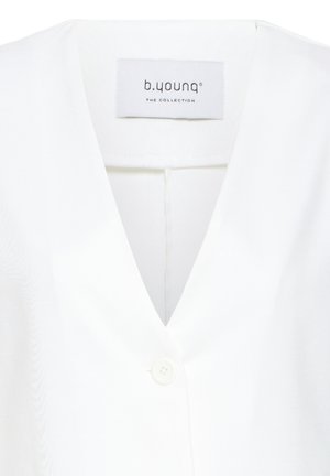 White V-neck shirt with single white button and "b.young THE COLLECTION" label inside collar.