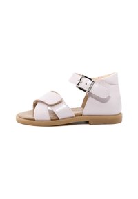 Sandali in pelle rosa chiaro con suola piatta, design con punta aperta, fibbia regolabile e cinghie incrociate per supporto e ventilazione.