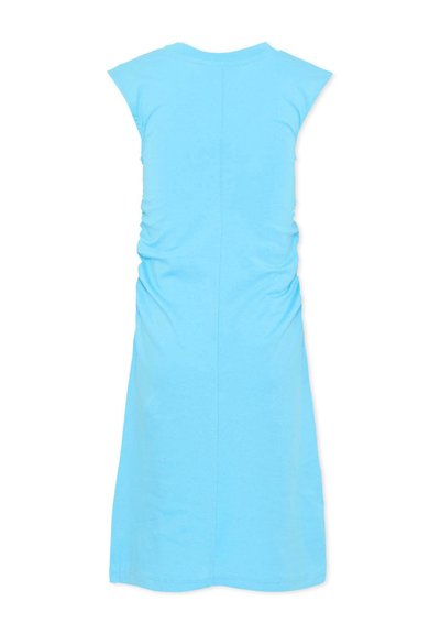 Robe bleu clair sans manches, longueur genou, avec coutures latérales froncées et encolure ronde, vue de dos sur fond blanc.