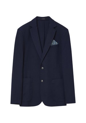 Marineblazer mit strukturiertem Finish, zwei vorderen Taschen und einem gemusterten Einstecktuch mit blauen und weißen geometrischen Designs.