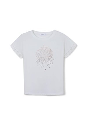 T-shirt bianco a maniche corte con un design di loto in rosa oro decorato con perline, con accenti in pizzo sulle maniche.