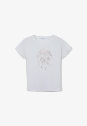 T-shirt bianco a maniche corte con un design di loto in rosa oro decorato con perline, con accenti in pizzo sulle maniche.
