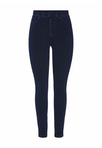 Tamno plave uske traperice s visokim strukom, dva prednja džepa i glatkom teksturom. Dizajnirane za usku siluetu.