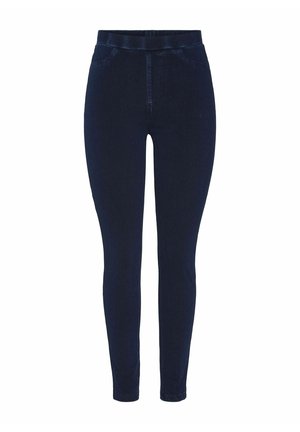 Tamsiai mėlynos džinsinės liesos kelnės su aukštu juosmeniu, dviem priekinėmis kišenėmis ir lygiu paviršiumi. Sukurtos išryškinti figūrą.