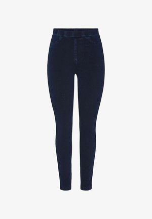 Tamsiai mėlynos džinsinės liesos kelnės su aukštu juosmeniu, dviem priekinėmis kišenėmis ir lygiu paviršiumi. Sukurtos išryškinti figūrą.