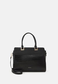 Sac à main noir avec un motif crocodile texturé, accents en métal doré, deux poignées supérieures et une bandoulière amovible.