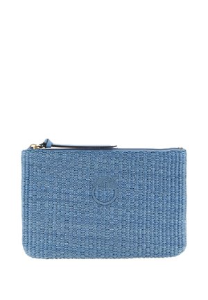 Clutch rettangolare intrecciata blu con cerniera superiore e logo doppio uccello in rilievo al centro.