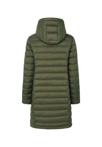 Olivgrön puffjacka med huva, med horisontella quiltade sektioner, knälång design och slät, matt yta.