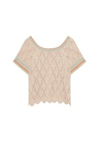 Top corto de punto de encaje en beige claro con un patrón de diamante. Presenta un dobladillo ancho y festoneado, así como un cuello y mangas a rayas multicolor.