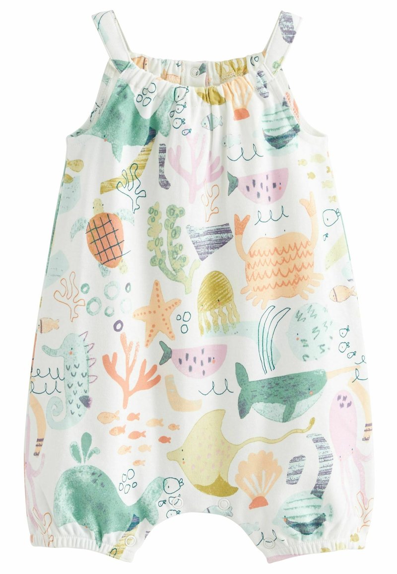 Grenouillère pour bébé avec des imprimés colorés de la vie marine, incluant poissons, crabe, étoile de mer, baleine, hippocampe, méduse et corail sur fond blanc.