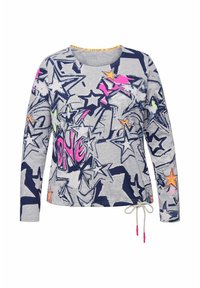 Grau-blaues Oberteil mit langen Ärmeln und rosa Sternmustern, mit Kordelzugsaum und einem runden Halsausschnitt mit gelbem Markenbesatz.