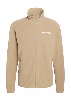 Beige Fleecejacke mit hohem Kragen, durchgehendem Reißverschluss und Seitentaschen. Mit "TERREX"-Logo in Weiß auf der oberen linken Seite.