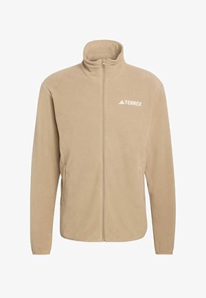 Beige Fleecejacke mit hohem Kragen, durchgehendem Reißverschluss und Seitentaschen. Mit "TERREX"-Logo in Weiß auf der oberen linken Seite.