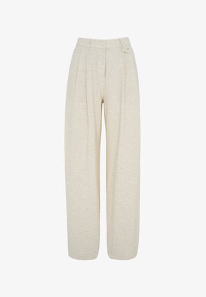 Beige højtaljede bukser med vide ben, plissering, stofbæltestrop og frontflapdetalje på højre side.