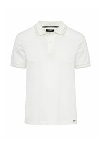 Biała koszulka polo z klasycznym kołnierzykiem z dwoma guzikami, krótkimi rękawami oraz subtelnymi szarymi akcentami na kołnierzyku i dołach. Strukturalny materiał.