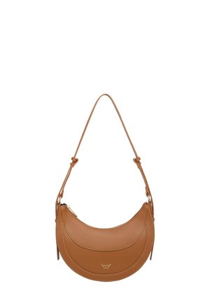 Brown leather handbag with a curved shape, featuring a zip closure and a single adjustable strap. Gold logo accent on the front.